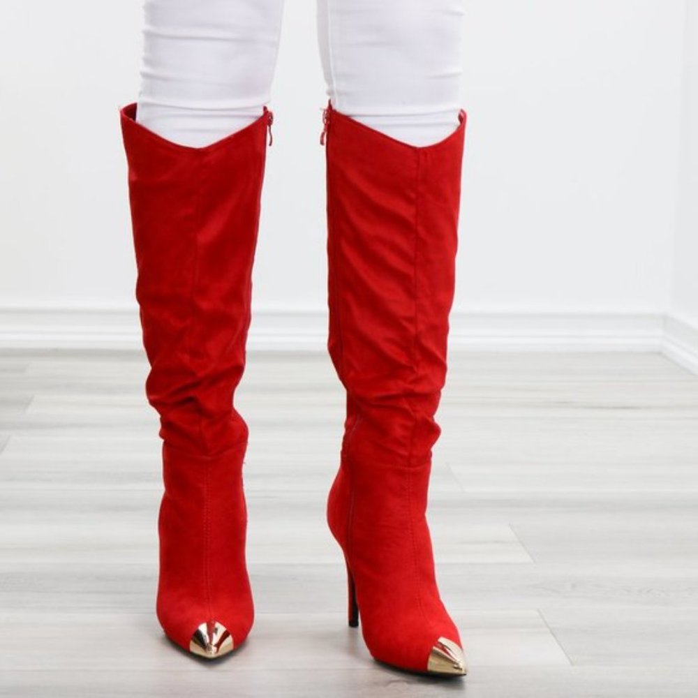 Fancy Pointy Toe Below The Knee Red Boots Suede - Picture 13 of 14